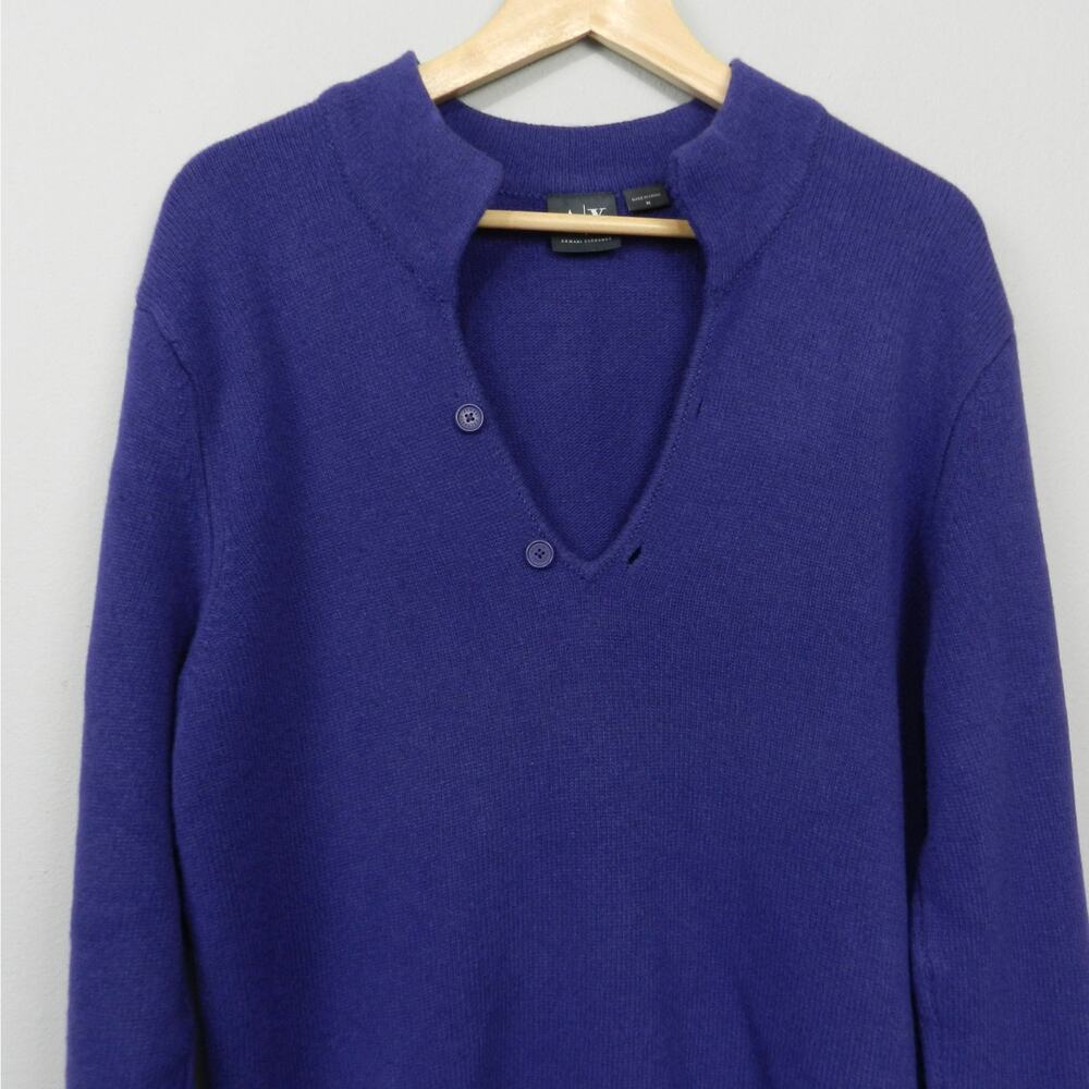 Armani Exchange Lambswool Deep V Neck Button Sweater Size M Indigo Purple Knit - Picture 2 of 8